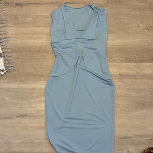 Sleeveless Light Blue Midi Dress with Folded V-Neck